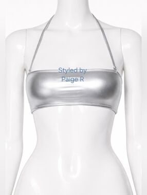 ❤️NWT SKIMS Swim Metallic Strapless Bandeau Top Halter Strap Silver NICKEL XL